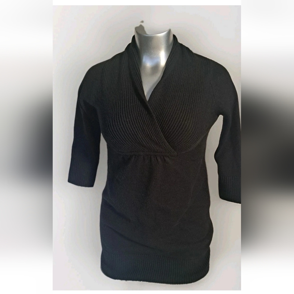 Y2K H&M Black Crossover V-Neck Ribbed Knit Sweater Dress 3/4 Sleeves Size M